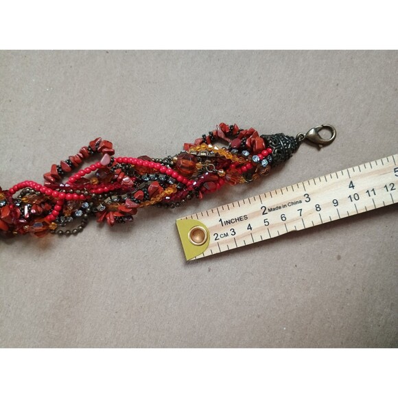 Beaded Chain Belt 40" Or Long Chunky Necklace Orange Red Brown Antique Gold - Picture 5 of 5